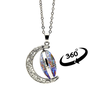 Venetian style rotating moon pendant necklace with colorful mosaic pattern and silver chain