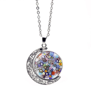 Ethnic silver moon pendant necklace featuring colorful Millefiori glass flower patterns