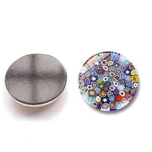 Detail view of round Venice Millefiori glass fridge magnet with magnetic black back