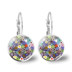 Silver leverback earrings with colorful millefiori glass flower patterns in a bohemian style