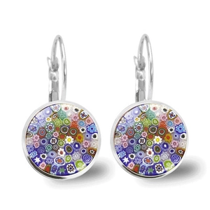 Detail showing Millefiori glass flower pattern on silver earrings with hook closure