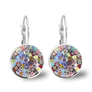 Detail of silver leverback earrings with colorful Venetian glass mosaic pattern design