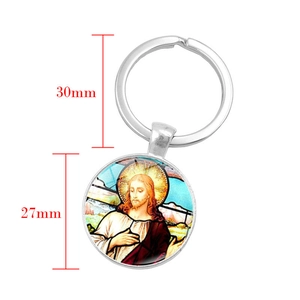 Porte-clés religieux avec portrait de Jésus en verre et alliage argenté poli