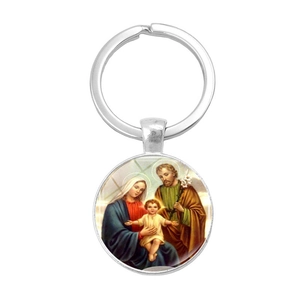Porte-clés de la Sainte Famille avec pendentif en verre et anneau métallique argenté