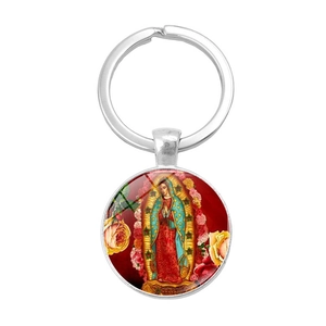 Porte-clés en alliage argenté avec cabochon en verre Notre-Dame de Guadalupe sacré