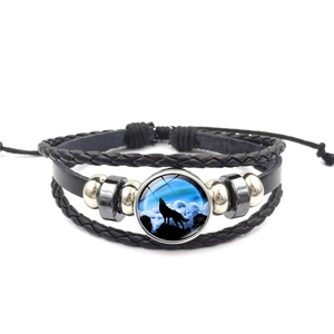 Geflochtenes Kunstleder Wolf Armband Vintage Glas Cabochon Wolf Heult Mond Einstellbar Herren Unisex Punk Stil Schmuck