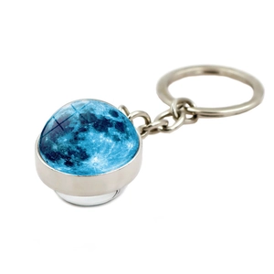 Portachiavi con sfera di vetro galassia, ciondolo luna blu e anello in lega d'argento