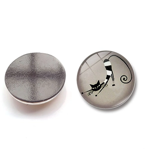 Detailed front and back view of a 30mm glass fridge magnet with a black cartoon cat design
