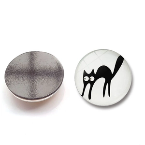 Front and back detail of 30mm cartoon black cat glass fridge magnet with magnetic backing