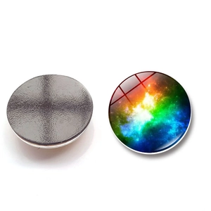 Detailed view of cosmic nebula glass magnets showing front galaxy pattern and magnetic back