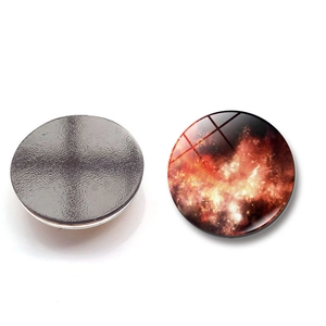 Detailed front and back views of a 3cm round glass fridge magnet with galaxy nebula pattern