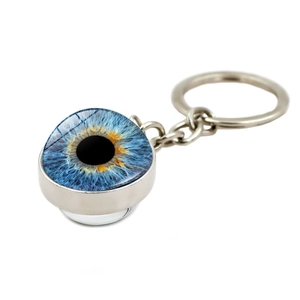 Blue evil eye crystal ball keychain with double-sided glass dome and silver alloy ring