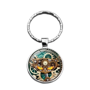 Steampunk keychain with vintage mechanical cat pattern gears in a glass cabochon pendant