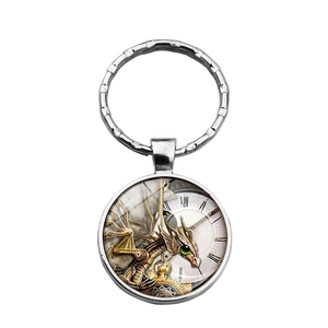Detailed view of steampunk dragon keychain with intricate mechanical gears and Roman numerals