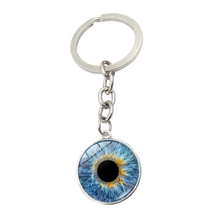 Porte-clés œil de chat avec pendentif iris en verre bleu et anneau métallique