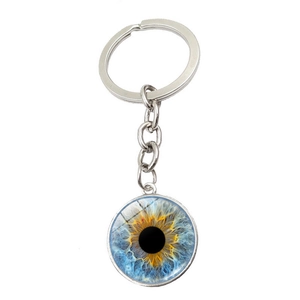 Porte-clés œil créatif avec pendentif iris bleu et jaune sur un anneau argenté