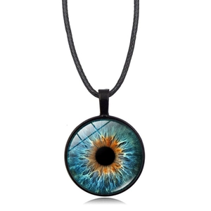 Realistic blue-brown eye pendant necklace with black leather cord on white background