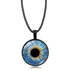 Detailed view of round dragon eye pendant with blue iris pattern on black cord