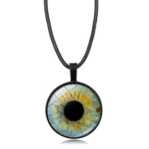 Detailed view of dragon eye glass pendant with green iris pattern on black leather cord