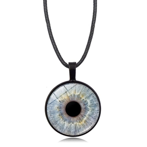 Creative blue eye glass pendant necklace with black cord chain and artistic iris detail