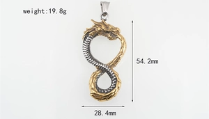 Detail view of a dragon infinity pendant with dimensions and weight 19.8g marking
