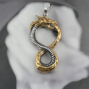 Mens hip hop titanium steel dragon infinity pendant necklace in gold and silver finish