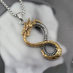 Hip hop dragon infinity symbol pendant necklace in gold and silver finish steel