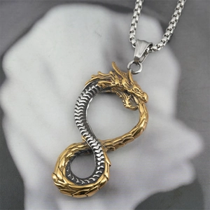 Silver and gold dragon infinity pendant necklace for men with durable box chain