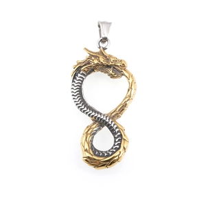 Gothic dragon infinity pendant necklace with gold and silver tones and red eyes