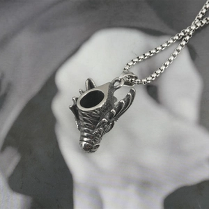 Vintage dragon head pendant necklace in retro silver titanium steel with square link chain