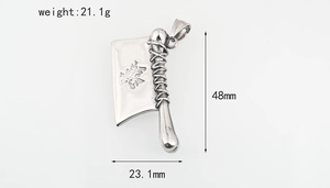 Vue détaillée du pendentif couteau en acier inoxydable avec gravure et dimensions