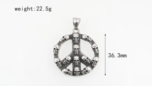 Macro detail of silver skull peace sign pendant with 36.3mm diameter and 22.5g weight
