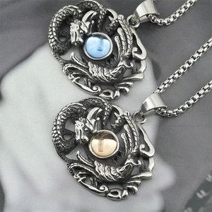 Collier Pendentif en Acier Inoxydable Dragon et Phénix Ajouré Argent Rétro Chaîne Box Verre Bleu Perle Dorée Bijoux Unisexe