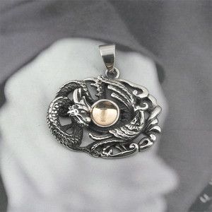 Collier pendentif dragon et phénix rétro en argent avec perle dorée pour homme et femme
