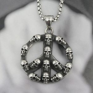 Vintage Titanium Steel Skull Peace Sign Pendant Necklace For Men Women Gothic Punk Hip Hop Jewelry Distressed Retro Accessory