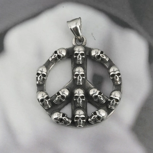 Retro silver titanium steel necklace featuring a peace sign pendant with skull details