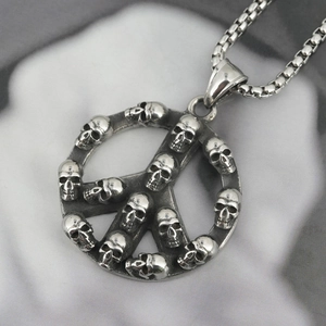 Hip hop titanium steel necklace featuring a vintage peace sign and skull pendant design