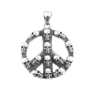 Hip hop vintage silver peace sign pendant with 13 skulls on a stainless steel chain