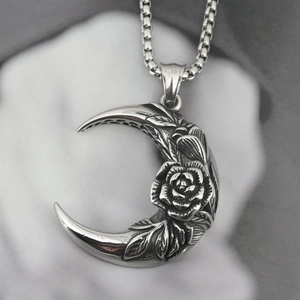 Vintage Stainless Steel Crescent Moon Pendant Necklace Carved Rose Flower Gothic Hip Hop Style Jewelry For Men Women