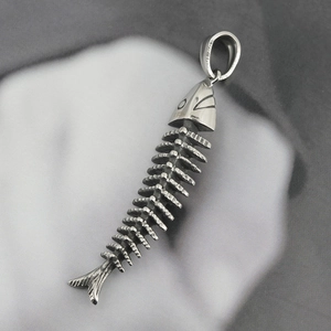 Vintage stainless steel fishbone pendant necklace with industrial matte silver finish