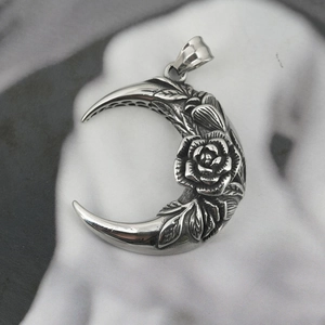 Vintage titanium steel crescent moon necklace with intricate rose flower pendant