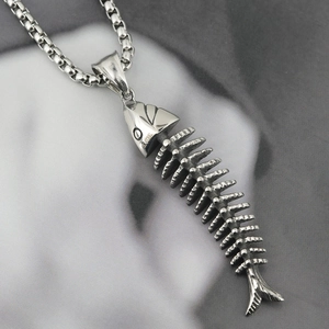 Polished stainless steel fish bone pendant necklace with a durable round box chain for men