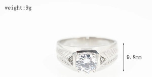 Detailed view of silver titanium steel ring with round center stone and textured band