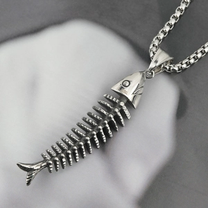 Retro matte silver titanium steel fish bone pendant necklace with box chain for men and women