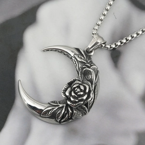 Gothic moon and rose pendant necklace in silver stainless steel with box chain