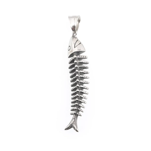 Hip hop fish bone pendant necklace in retro silver stainless steel for men and women
