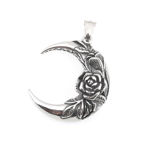 Hip hop titanium steel necklace featuring a vintage crescent moon and rose flower pendant