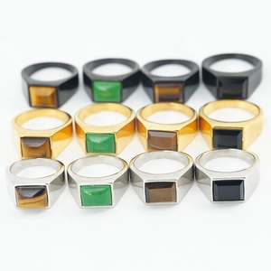 Vintage Titanstahl Siegelring Für Herren Rechteckiges Tigerauge Grün Schwarz Glas Eingelegt Geometrischer Bandring Schmuck