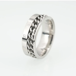 Anillo giratorio para hombre con cadena y números romanos grabados en acero inoxidable plata
