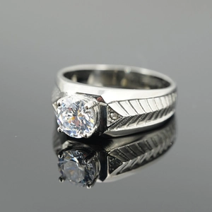 Classic men's titanium steel ring with a large zircon center stone and engraved band